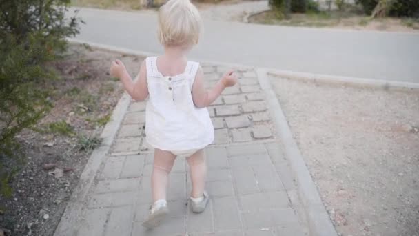 Kleine baby meisje wandelen buiten in de zomer — Stockvideo