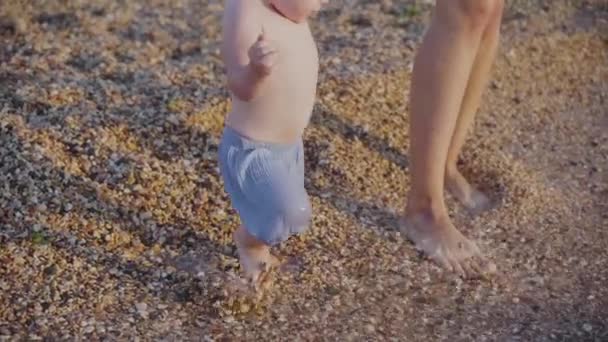 Pequeño niño y madre adulta joven caminando en la playa — Vídeos de Stock