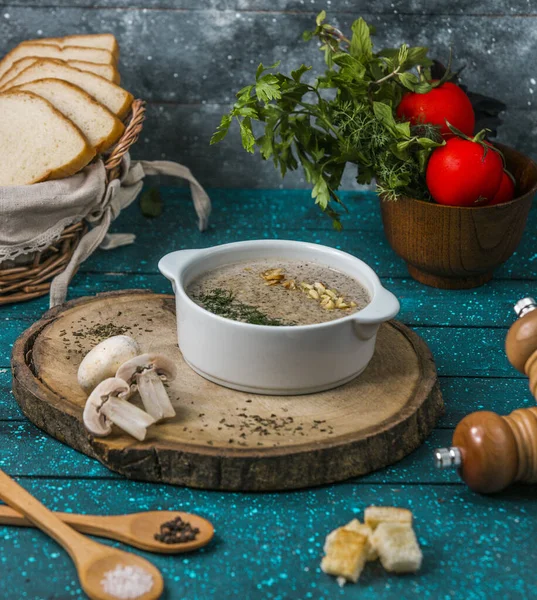 Zupa grzybowa ozdobiona koprem i smażonymi orzechami hazernuts — Zdjęcie stockowe