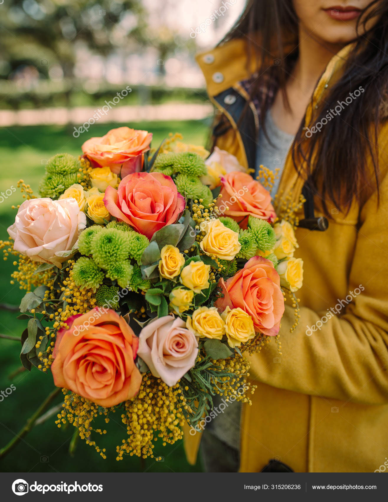 Autumn Flower Bouquet With Orange Yellow Roses Mimosa Stock Photo Image By C Kamranaydinov 315206236