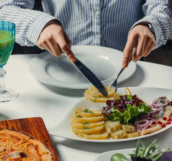 Fischkonserven mit gekochten Kartoffelscheiben, Gurkengurken, roten Zwiebeln, Salat, Granatapfel — Stockfoto