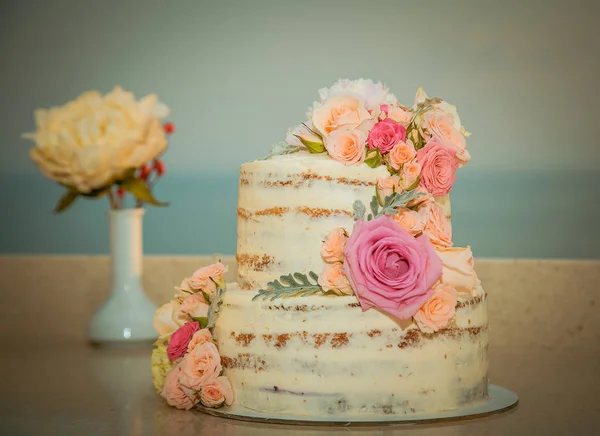 beautiful big cake with cream on holiday, big wedding cake