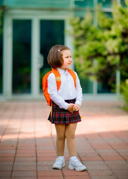 Malá Krásná Dívka Stojí Blízkosti Školní Budovy Batohem — Stock fotografie
