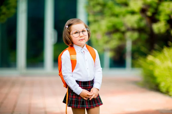 Porträt Eines Kleinen Emotionalen Mädchens Mit Brille Das Der Nähe — Stockfoto