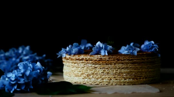 Våffla Tårta Med Choklad Grädde Dekorerad Med Blå Blommor Blå — Stockvideo