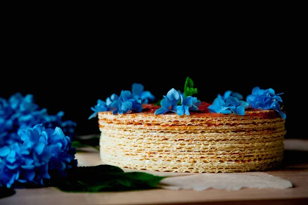 Passo dopo passo, facendo una torta di cialde, con latte condensato, e decorare con fiori blu — Foto Stock