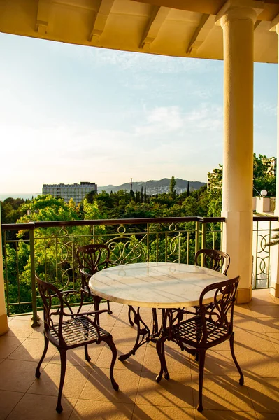 Terraza Verano Aire Libre Con Muebles Elegantes Café Atardecer — Foto de Stock