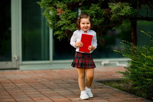 Klein meisje in schooluniform en bril, met lesboeken — Stockfoto