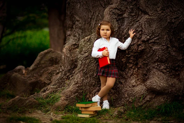 Ein Mädchen Schuluniform Isst Ein Sandwich Der Nähe Eines Großen — Stockfoto