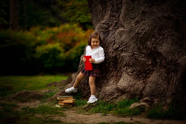 Ein Mädchen Schuluniform Isst Ein Sandwich Der Nähe Eines Großen — Stockfoto
