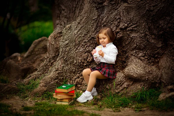 Ένα Κορίτσι Σχολική Στολή Τρώει Ένα Σάντουιτς Κοντά Ένα Μεγάλο — Φωτογραφία Αρχείου