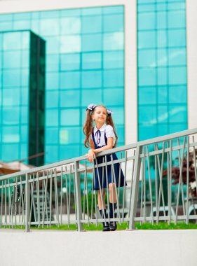 Mavi okul üniformalı, iki at kuyruklu bir kız öğrenci, okulun arka planında, cam duvarlarla duruyor..