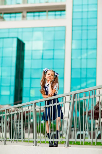 Mavi okul üniformalı, iki at kuyruklu bir kız öğrenci, okulun arka planında, cam duvarlarla duruyor..