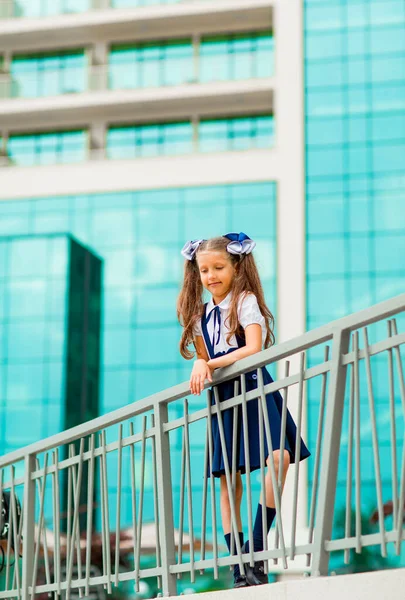 Mavi okul üniformalı, iki at kuyruklu bir kız öğrenci, okulun arka planında, cam duvarlarla duruyor..