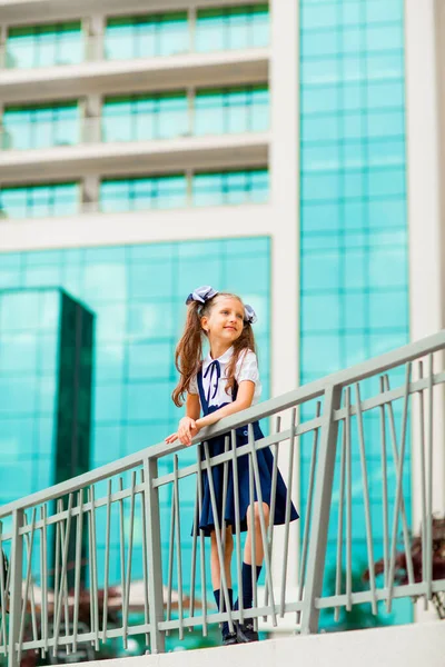 Una Colegiala Con Uniforme Escolar Azul Con Dos Colas Caballo — Foto de Stock