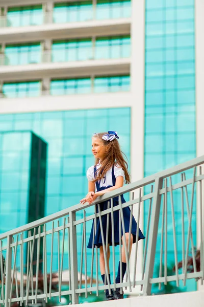 Mavi okul üniformalı, iki at kuyruklu bir kız öğrenci, okulun arka planında, cam duvarlarla duruyor..