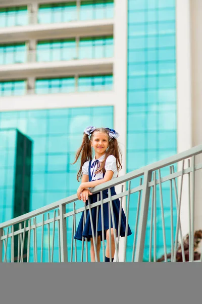 Mavi Okul Üniformalı Iki Kuyruklu Bir Kız Öğrenci Okulun Arka — Stok fotoğraf