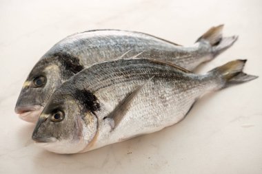 Parlak arka plan üzerinde iki taze çiğ dorada balıklar