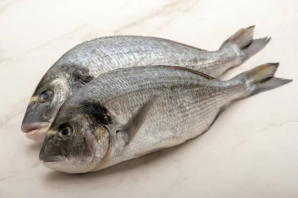 Dois Peixes Dorada Crus Frescos Fundo Brilhante — Fotografia de Stock