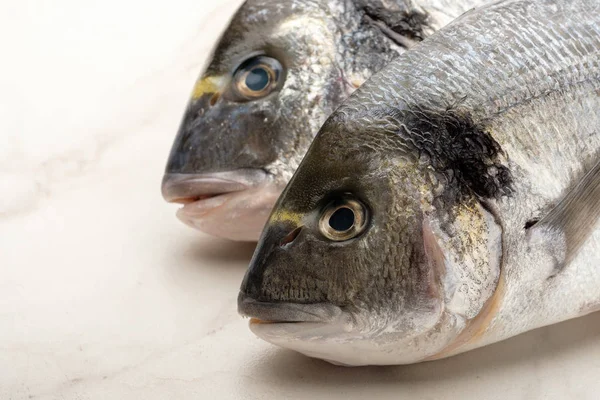 Parlak Arka Plan Üzerinde Iki Taze Çiğ Dorada Balıklar — Stok fotoğraf