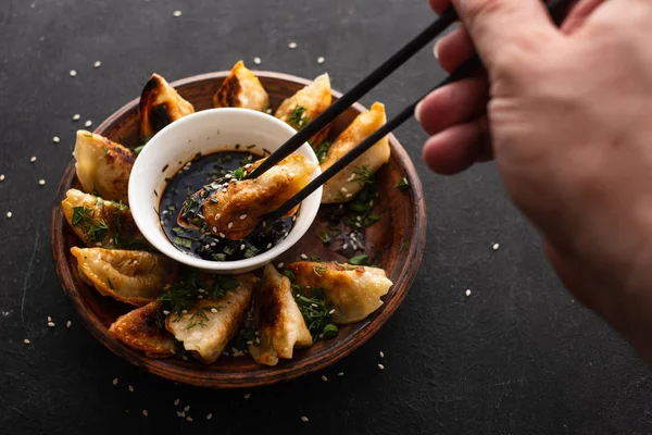 Gebakken Chinese Knoedel Genaamd Gyoza Soort Van Aziatisch Eten — Stockfoto