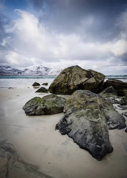 Rocky Coast Fjord Norwegian Sea Winter Snow Haukland Beach Lofoten — Stock Photo, Image