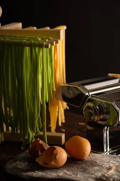 Freshly Prepared Tagliatelle Paste Dried Wooden Drier Traditional Italian Cuisine — Stock Photo, Image