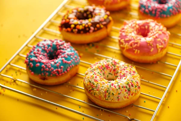 Variety Colorful Tasty Glazed Donuts Colored Background — Stock Photo, Image