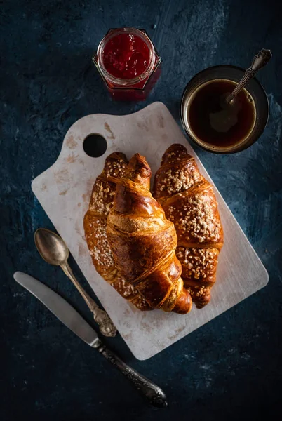 Croissant Eszpresszó Reggel Reggeli Francia Reggeli Nézd Meg Felülről — Stock Fotó