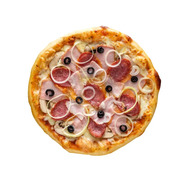 Saboroso Caseiro Pizza Saborosa Isolada Fundo Branco Vista Superior — Fotografia de Stock