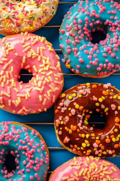 Variety Colorful Tasty Glazed Donuts Colored Background — Stock Photo, Image