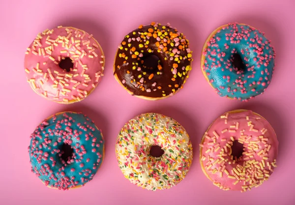 Variety Colorful Tasty Glazed Donuts Colored Background — Stock Photo, Image