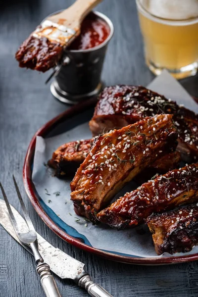 Smoked Roasted Pork Ribs Plate Delicious Grilled Bbq Ribs — Stock Photo, Image