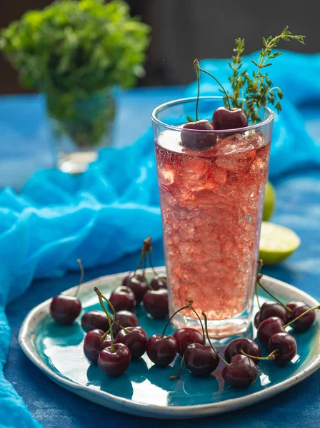 Ice Cocktail Cherry Juice Thyme Refreshing Summer Drink — Stock Photo, Image