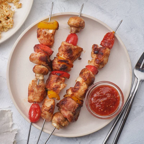 Chicken Kebab Tomato Paprika Ketchup Spices — Stock Photo, Image