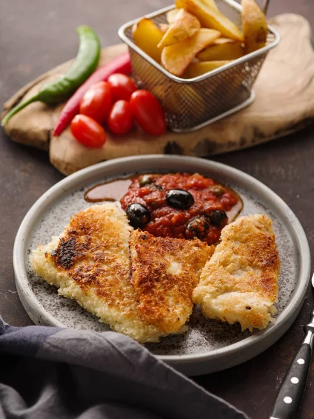 Domates-zeytin soslu ve patatesli kızarmış balık