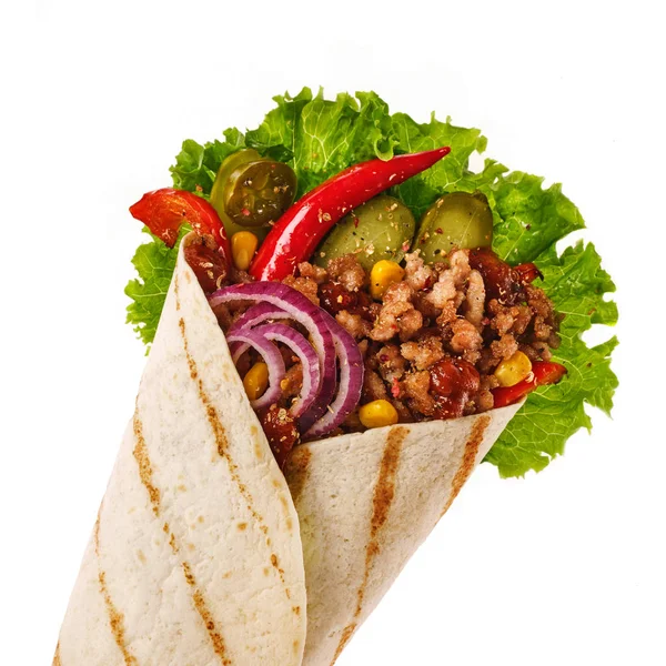 Mexikanische Tacos mit Füllung Rindfleisch, Jalapeño, Zwiebeln, Gurken und Co — Stockfoto