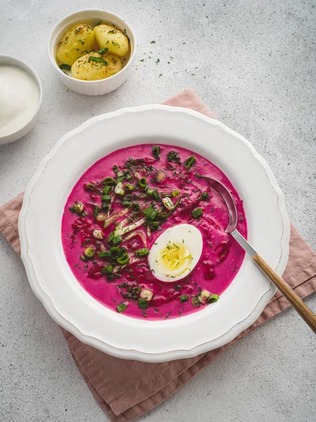 Kalte Rote-Bete-Suppe mit Eierlikör und Bratkartoffeln. traditionelles ukrainisches — Stockfoto