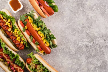 Çeşitli dolgular ve soslar ile sosisli sandviç. Yukarıdan görüntüleyin. Kopya