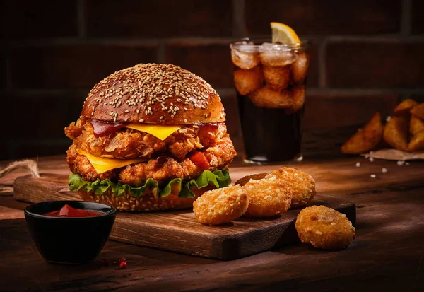 Fresh tasty homemade burger on wooden table. Big double cheddar — Stock Photo, Image