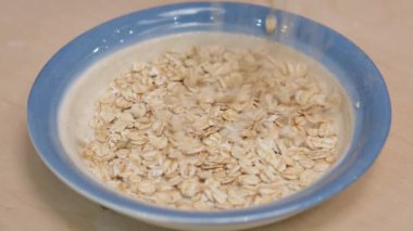 Yuvarlanmış yulaf ezmesi ve tabak maketi. Yulaf taneleri tabağa dökülüyor. 4k video görüntüsü.