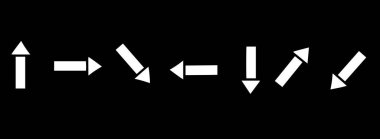 Web siteleri, makaleler, pankartlar ve şablonların tasarımı için siyah arkaplan üzerinde farklı yönlere beyaz oklar kümesi.