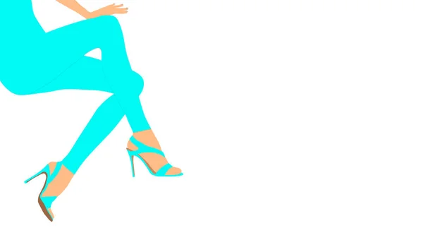 Długie kobiece nogi w niebieskich legginsach i sandałach z obcasami do projektowania kart reklamowych. — Wektor stockowy