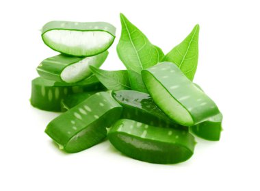 Taze aloe vera yaprakları ve beyaz üzerine su damlaları.