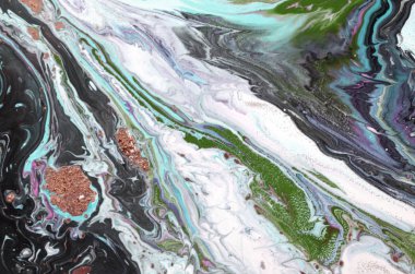 Mavi, yeşil ve altın sıvı doku. Elle çizilmiş Ebru arka plan. Mürekkep mermer soyut desen