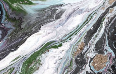 Mavi ve altın sıvı doku. Suluboya elle çizilmiş Ebru illüstrasyon. Mürekkep mermer arka plan.