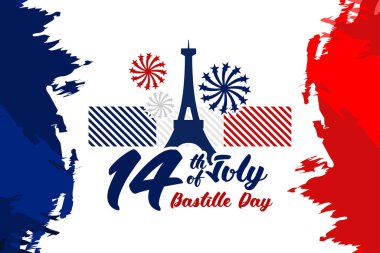 14 Temmuz, Mutlu Bastille Günü (Fte nationale franaise) vektör illüstrasyonu. Tebrik kartı, poster ve afiş için uygun