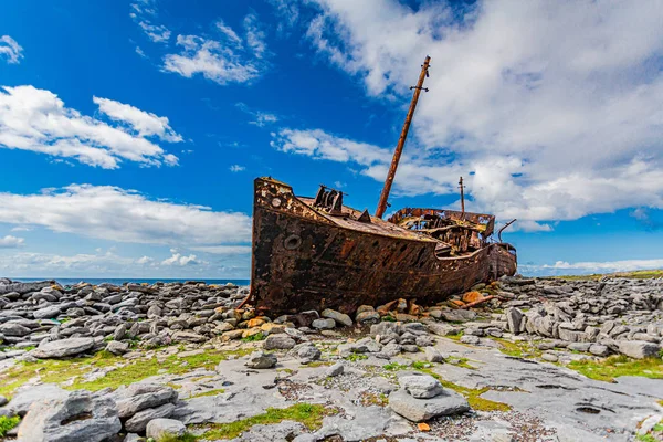 Cargo vessel Plassey shipwreck on the rocky beach of the island of Aran in Ireland