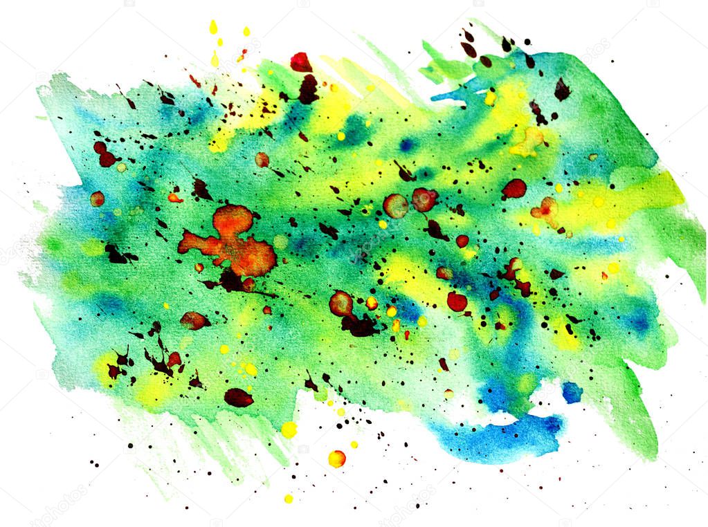 Abstract multicolored blue-yellow-red paint stain on a white background