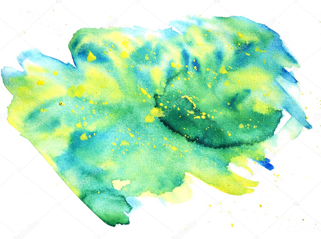 Abstract multicolored green-yellow-blue paint stain on a white background